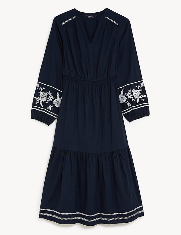 Linen Rich Embroidered V-Neck Midi Dress - LK