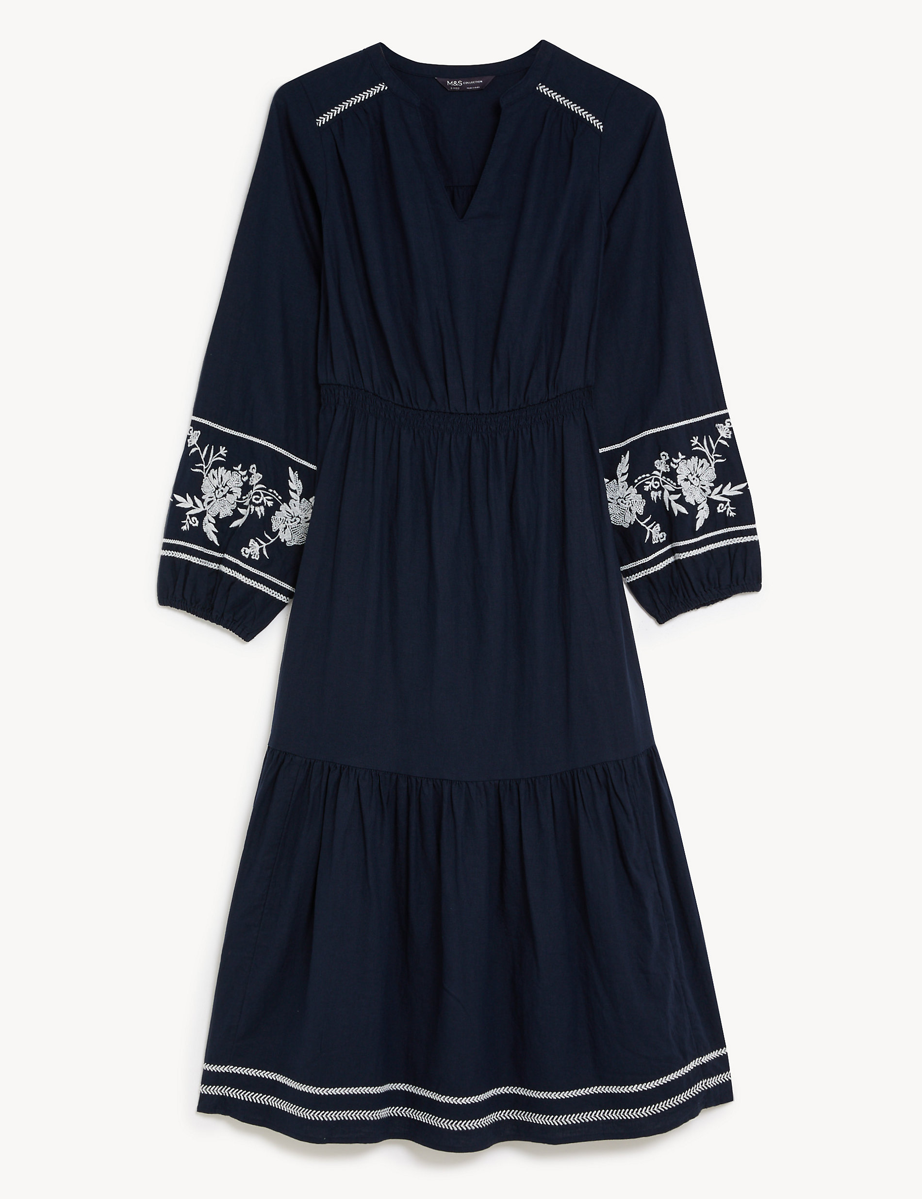 Linen Rich Embroidered V-Neck Midi Dress