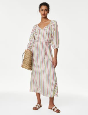 

Womens M&S Collection Linen Blend Striped Midi Waisted Dress - Multi, Multi