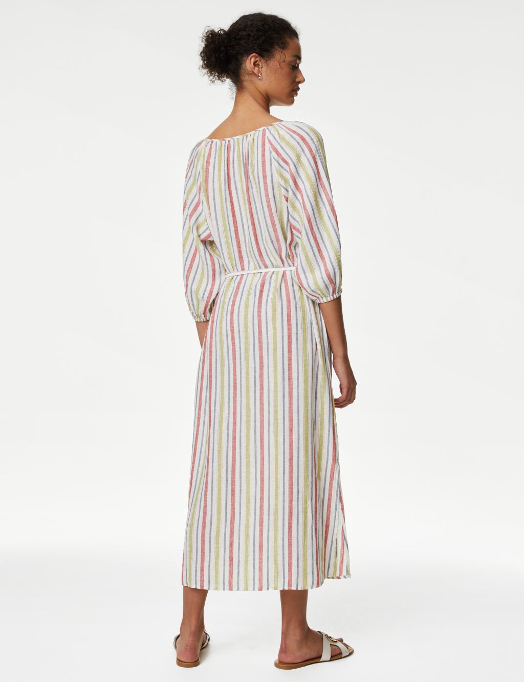 Linen Blend Striped Midi Waisted Dress image 2