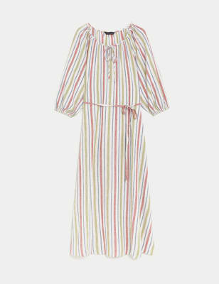 Linen Blend Striped Midi Waisted Dress