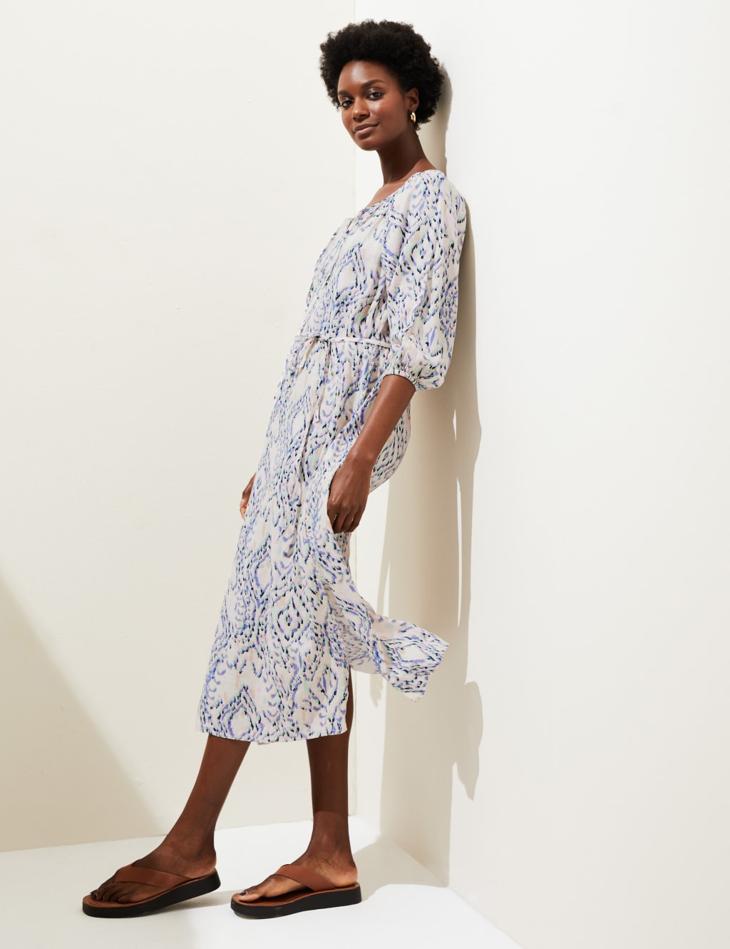 Linen Blend Printed Tie Neck Midi Dress image 1