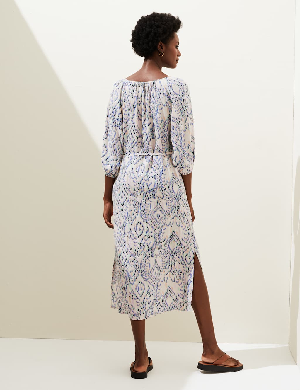 Linen Blend Printed Tie Neck Midi Dress image 4