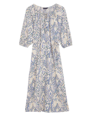 

Womens M&S Collection Linen Blend Printed Tie Neck Midi Dress - Multi, Multi