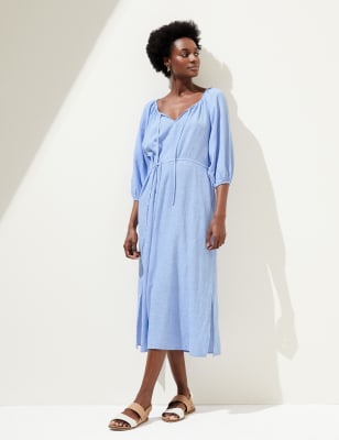 

Womens M&S Collection Linen Blend Tie Neck Midi Column Dress - Light Chambray, Light Chambray