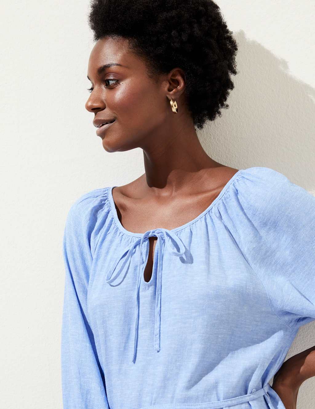 Linen Blend Tie Neck Midi Column Dress image 3
