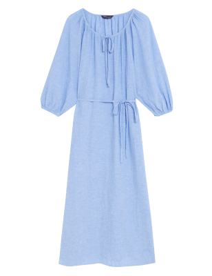 

Womens M&S Collection Linen Blend Tie Neck Midi Column Dress - Light Chambray, Light Chambray