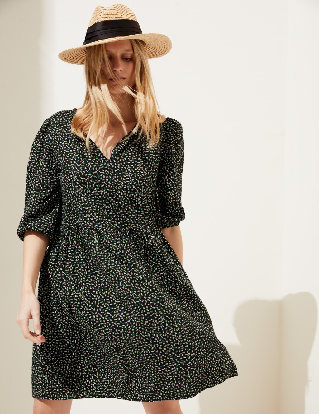 Linen Rich Floral Tie Neck Mini Dress image 1