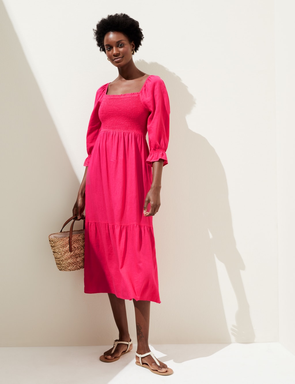 Linen Blend Square Neck Shirred Midi Dress image 2
