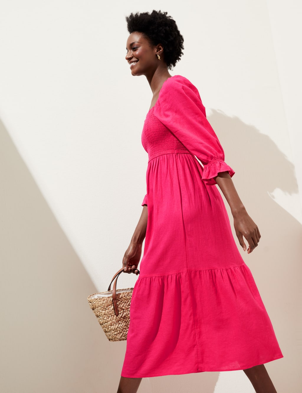 Linen Blend Square Neck Shirred Midi Dress image 3