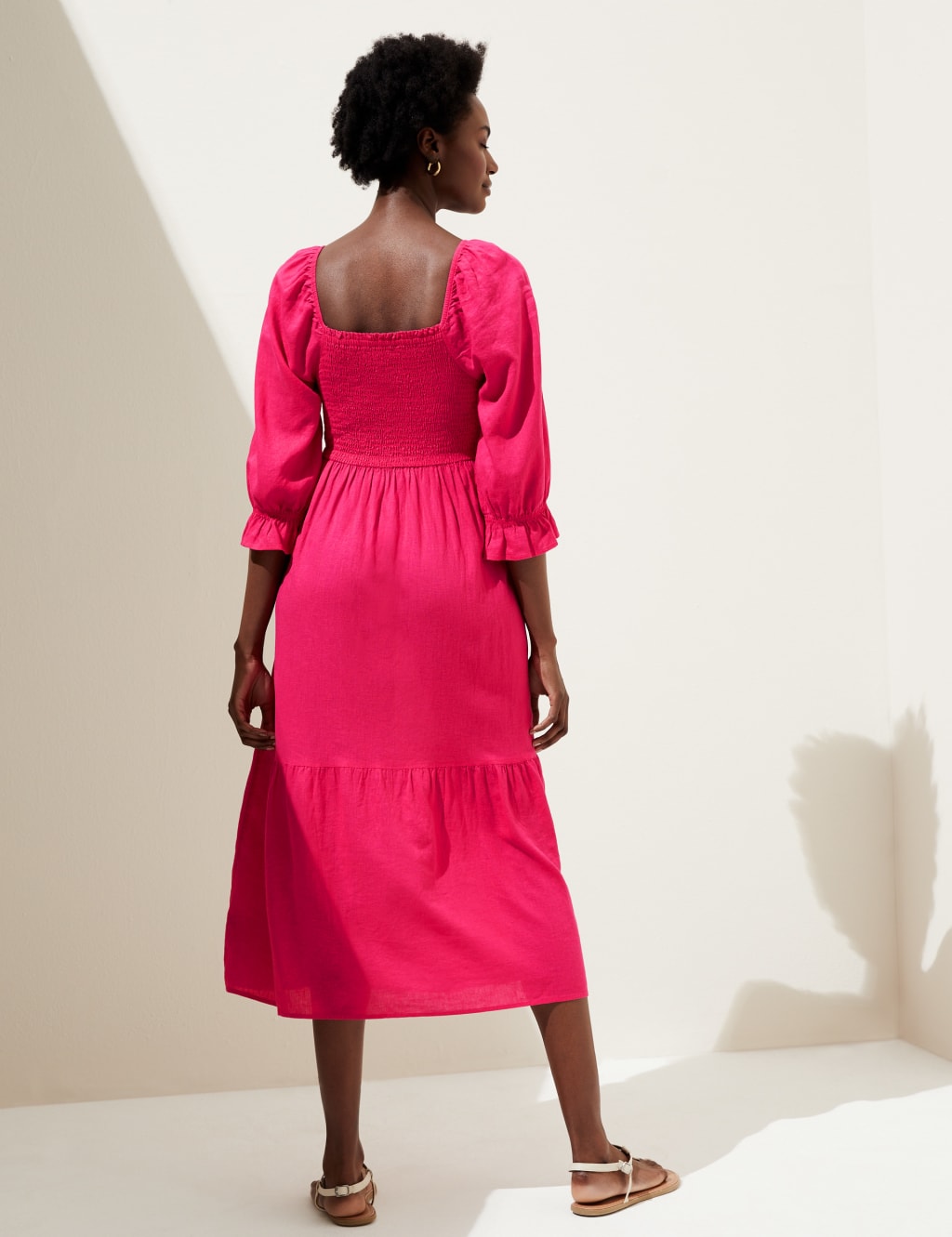 Linen Blend Square Neck Shirred Midi Dress image 4