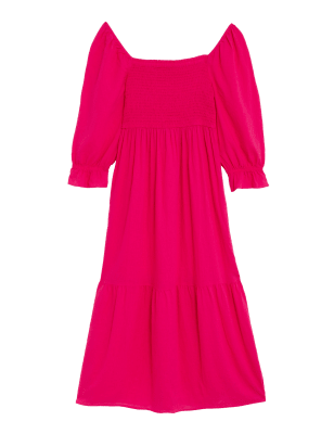 

M&S Collection Vestido a media pierna con lino de escote cuadrado con fruncidoWomens - Fuchsia, Fuchsia