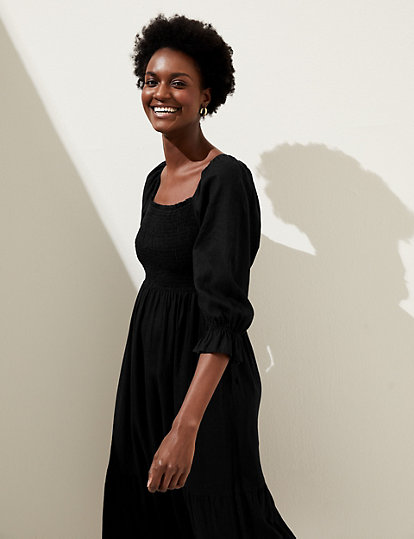 M&S Collection Linen Blend Square Neck Shirred Midi Dress - 24Reg - Black, Black