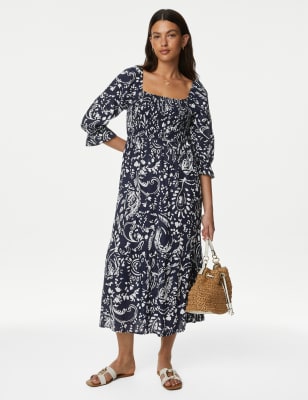 

Womens M&S Collection Linen Blend Printed Square Neck Midi Dress - Navy Mix, Navy Mix