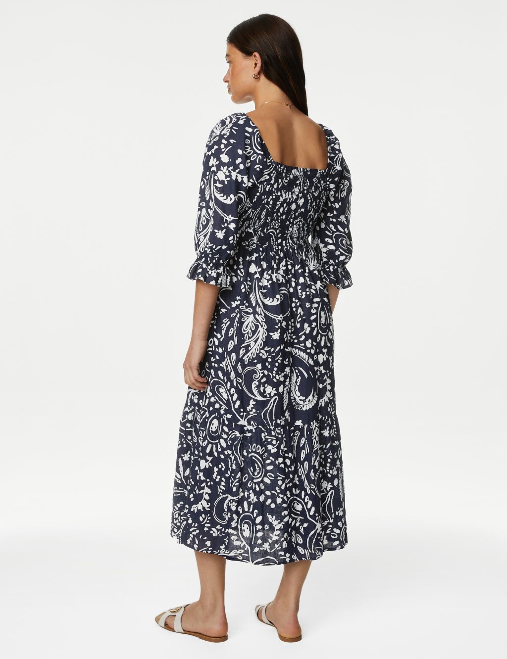 Linen Blend Printed Square Neck Midi Dress image 3