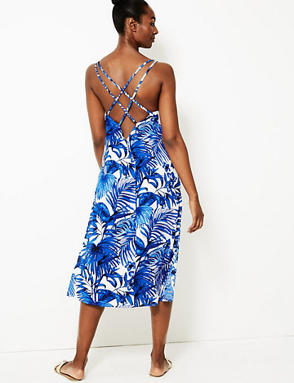 Palm Print Strappy Slip Beach Dress