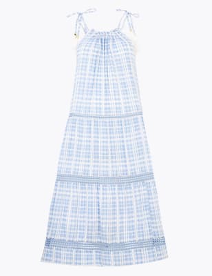 Robe de plage style midi en coton &agrave; carreaux et pampille