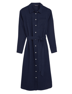 

M&S Collection Vestido camisero a media pierna de lino con cinturónWomens - Navy, Navy