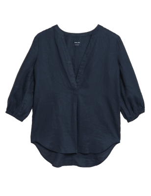 

Womens M&S Collection Kragenlose 3/4-Arm-Bluse aus reinem Leinen - Navy, Navy