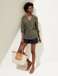 Pure Linen Collarless 3/4 Sleeve Blouse