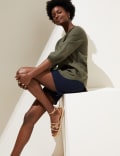 Pure Linen Collarless 3/4 Sleeve Blouse