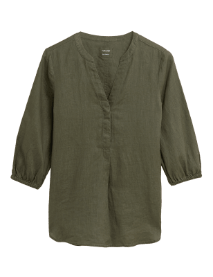 

M&S Collection Camisa 100% lino de manga 3/4 sin cuelloWomens - Hunter Green, Hunter Green