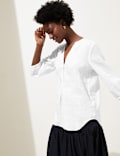 Pure Linen Collarless 3/4 Sleeve Blouse