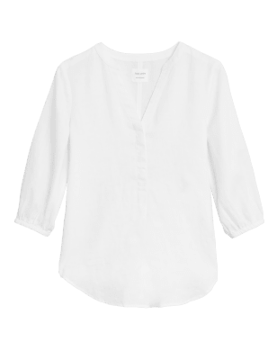 

M&S Collection Camisa 100% lino de manga 3/4 sin cuelloWomens - White, White
