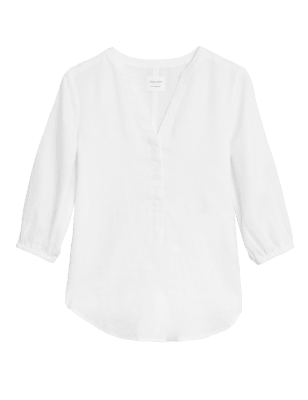 

Womens M&S Collection Pure Linen Collarless 3/4 Sleeve Blouse - White, White