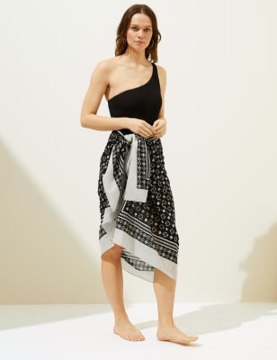 

Womens M&S Collection Sarong aus reiner Baumwolle mit Muster - Schwarz Melange, Schwarz Melange