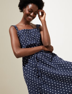 Linen Rich Polka Dot Square Neck Midi Dress