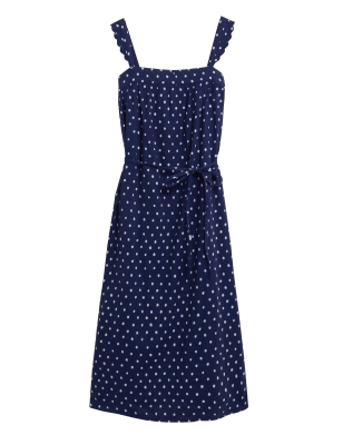 

Womens M&S Collection Linen Rich Polka Dot Square Neck Midi Dress - Ink, Ink