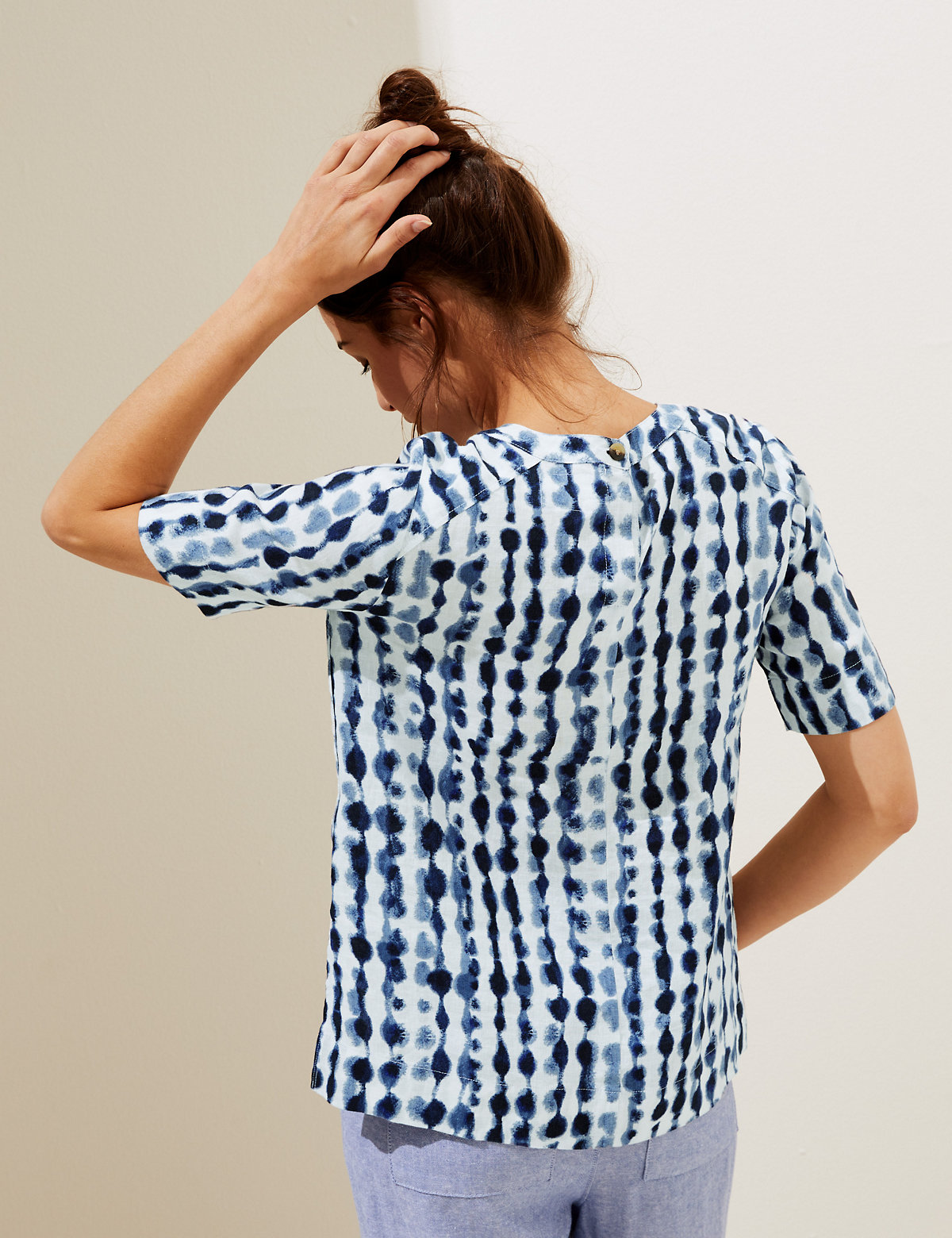 Pure Linen Printed Round Neck Top