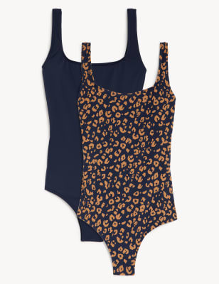 

Womens M&S Collection 2 Pack Printed Scoop Neck Swimsuits - Dark Brown Mix, Dark Brown Mix