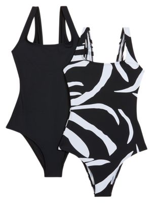 

Womens M&S Collection 2 Pack Printed Scoop Neck Swimsuits - Black Mix, Black Mix