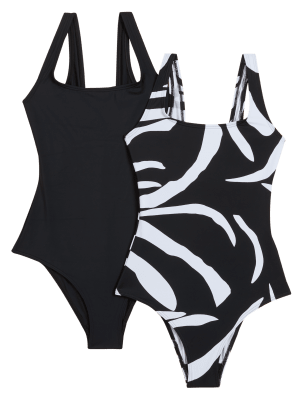 

Womens M&S Collection 2er-Pack gemusterte Badeanzüge mit U-Ausschnitt - Black Mix, Black Mix