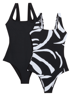 

Womens M&S Collection 2 Pack Printed Scoop Neck Swimsuits - Black Mix, Black Mix