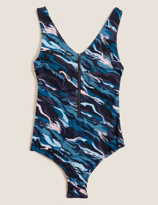 

Womens GOODMOVE Marble Print Zip Up Plunge Swimsuit - Black Mix, Black Mix