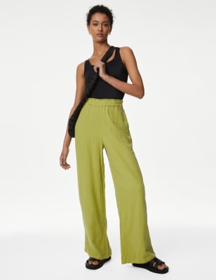 

Womens M&S Collection Pure Cotton Wide Leg Trousers - Medium Green, Medium Green