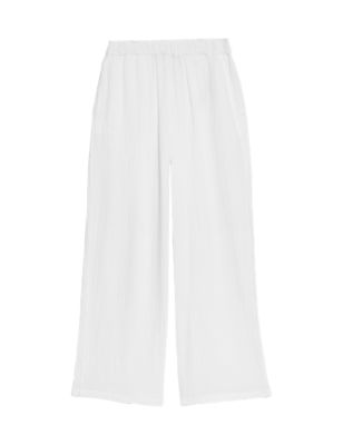 M&S Womens Pure Cotton Wide Leg Trousers - 18 - White, White