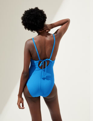 

Womens M&S Collection Ribbed Tie Detail Plunge Swimsuit - Blue, Blue