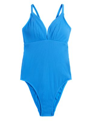 M&S Womens Ribbed Tie Detail Plunge Swimsuit - 16 - Blue, Blue,Black