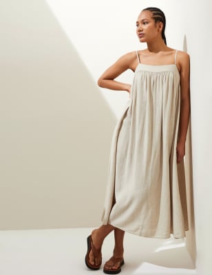 Linen Rich Square Neck Midi Cami Dress