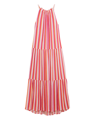 

Womens M&S Collection Striped High Neck Maxi Tiered Beach Dress - White Mix, White Mix