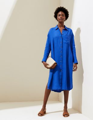 Womens M&S Collection Pure Linen Midi Shirt Beach Dress - Blue, Blue