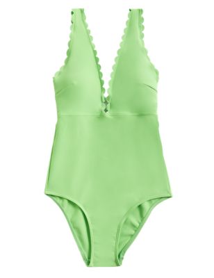 M&S Womens Padded Scallop Plunge Swimsuit - 22 - Lime, Lime,Soft White,Black