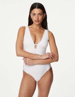 

Womens M&S Collection Padded Scallop Plunge Swimsuit - Soft White, Soft White
