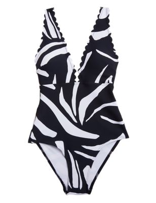 

Womens M&S Collection Animal Print Padded Scallop Plunge Swimsuit - Black Mix, Black Mix