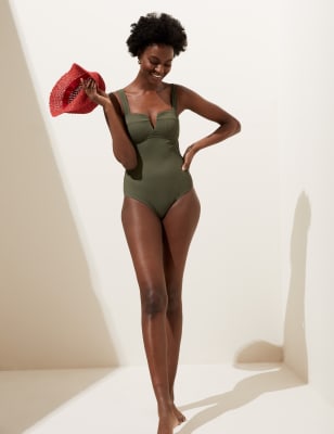 

Womens M&S Collection Ribbed Padded Plunge Swimsuit - Khaki, Khaki
