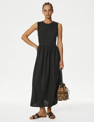

Womens M&S Collection Linen Rich Cutwork Detail Midi Swing Dress - Black, Black